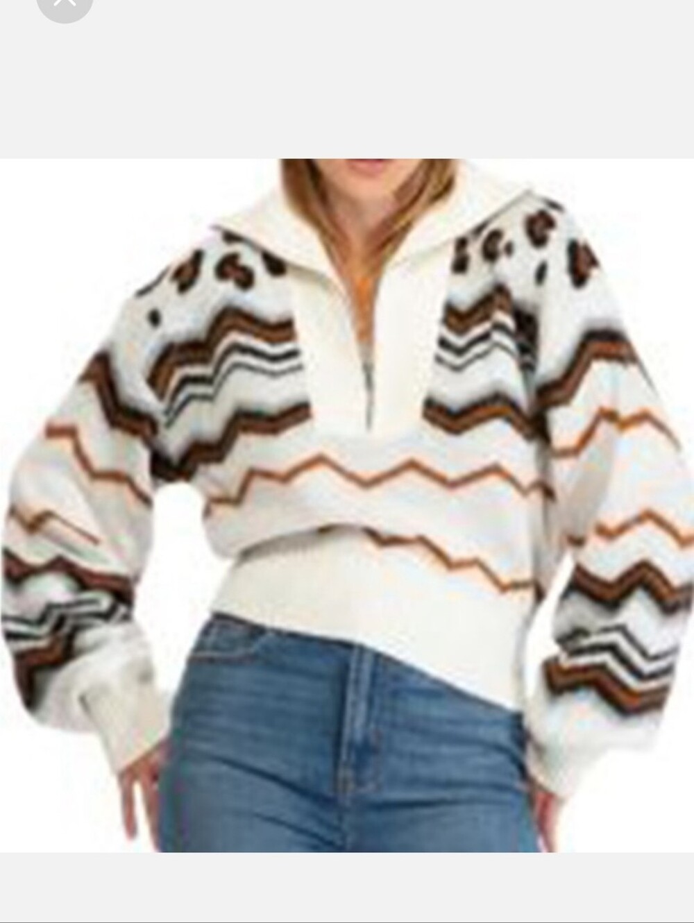 AFRM Cream Chevron Zip-Neck Sweater